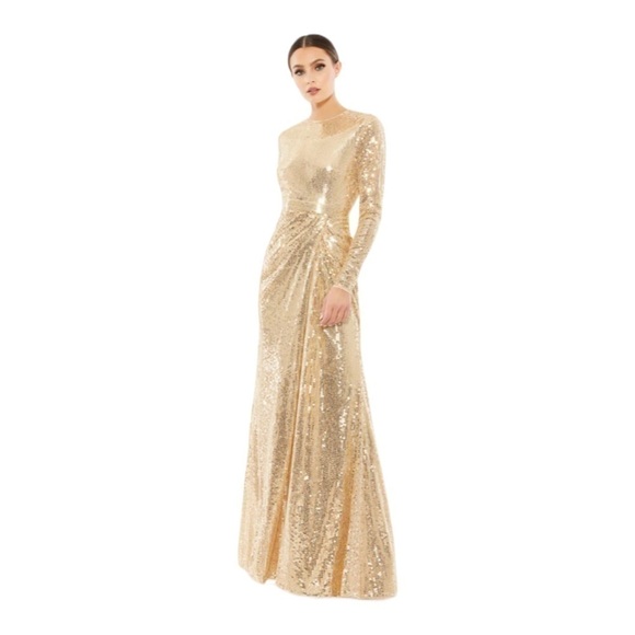 Mac Duggal Dresses & Skirts - Mac Duggal Sequined High Neck Ling Sleeve Draped Gown in Gold NWT